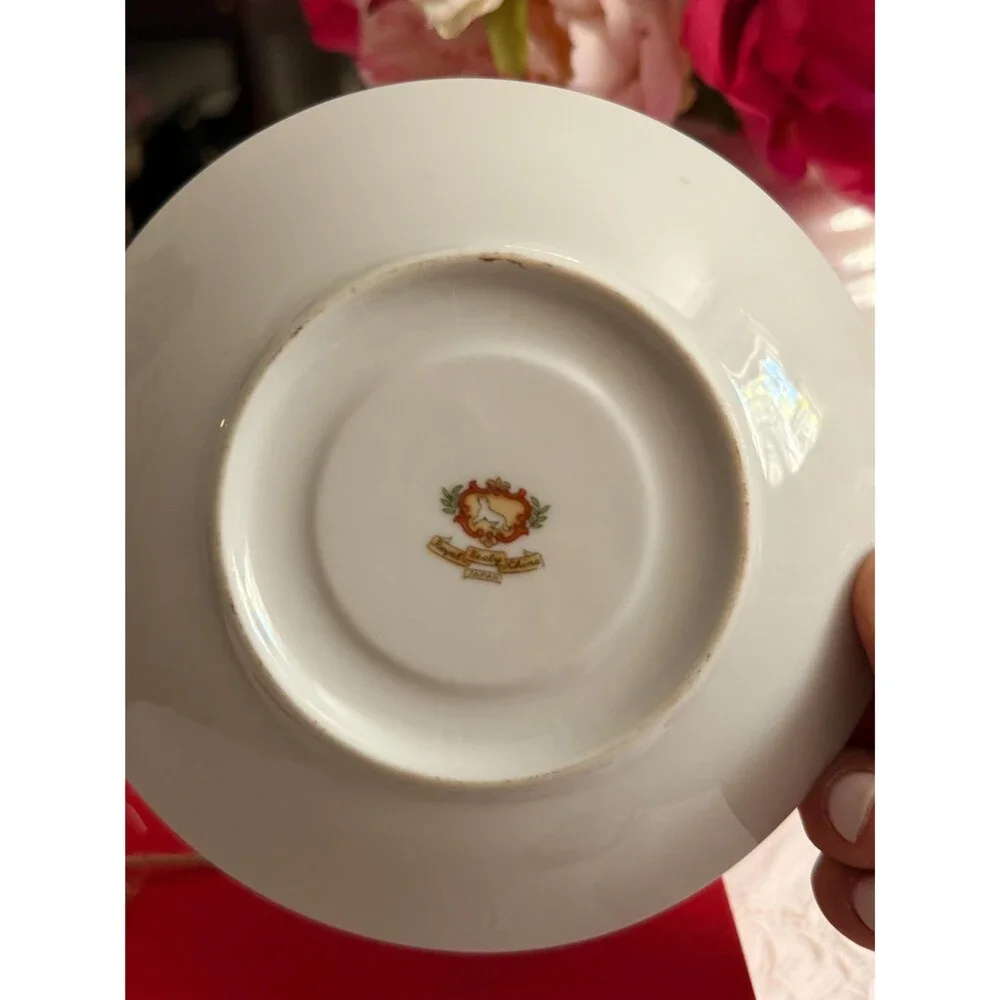 Royal Sealy Lusterware Teacup Saucer, Ruby Red Pedestal China, Gold Gilt Cottage